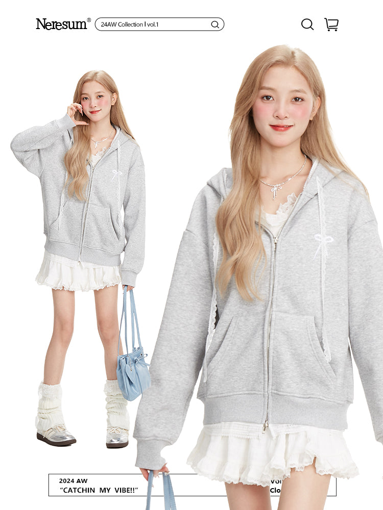 NERESUM lace stitching fake two-piece fleece zipper hoodie lazy style sweet cool design jacket