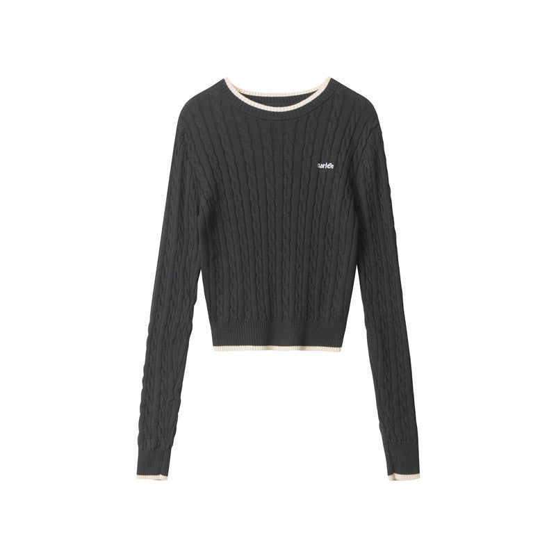Nariele Embroidery Crew Neck Top Striped Long Sleeve Slim Knit Sweater