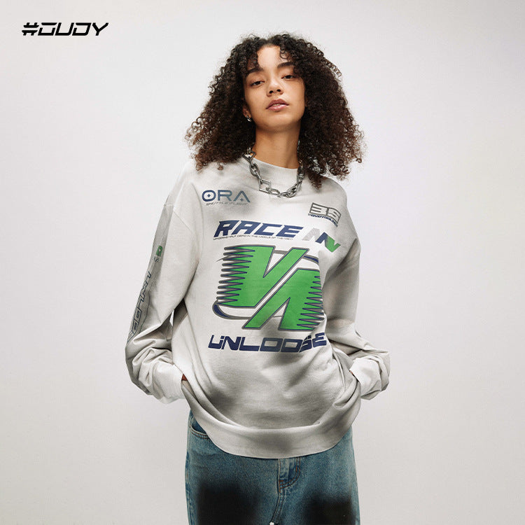 #OVDY street wear long sleeve print scoop neck Oversize Drop shoulder Sweatshirt