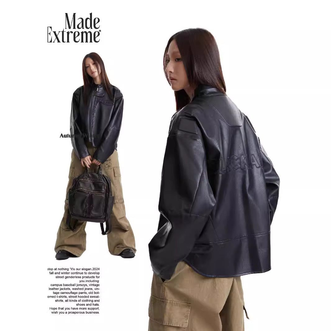 سترة جلدية لراكبي الدراجات النارية قصيرة وواسعة للخريف من BLACKAIR بسحاب