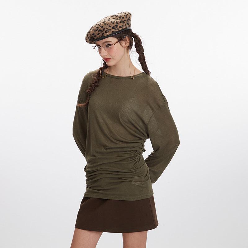 Nariele Ruffle Design Long Sleeve T-Shirt Thin Slim Crew Neck New Top