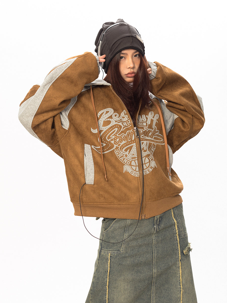 سترة BLACKBB من جلد الغزال المرقعة بغطاء للرأس ومطبوعة بسحاب