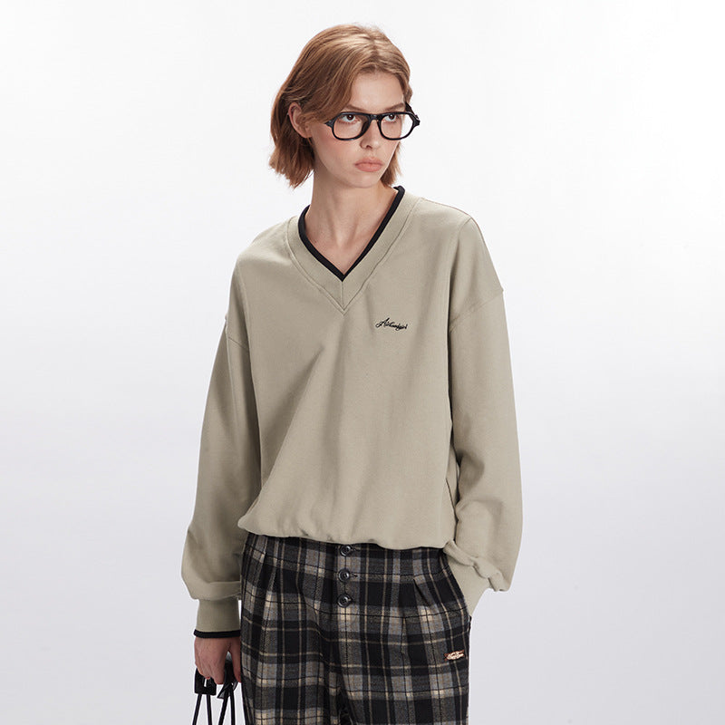 Nariele V-neck top lazy style new contrasting casual sweatshirt trendy retro loose long-sleeved Top