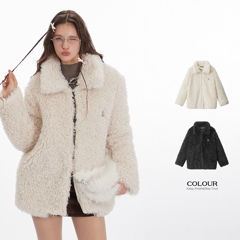 Nariele Puffy Wool Retro Solid Loose Cotton Jacket