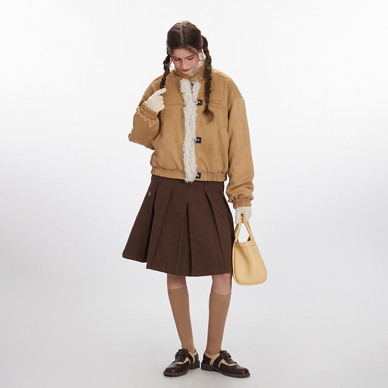 Nariele American retro stand collar Fur loose short  jacket