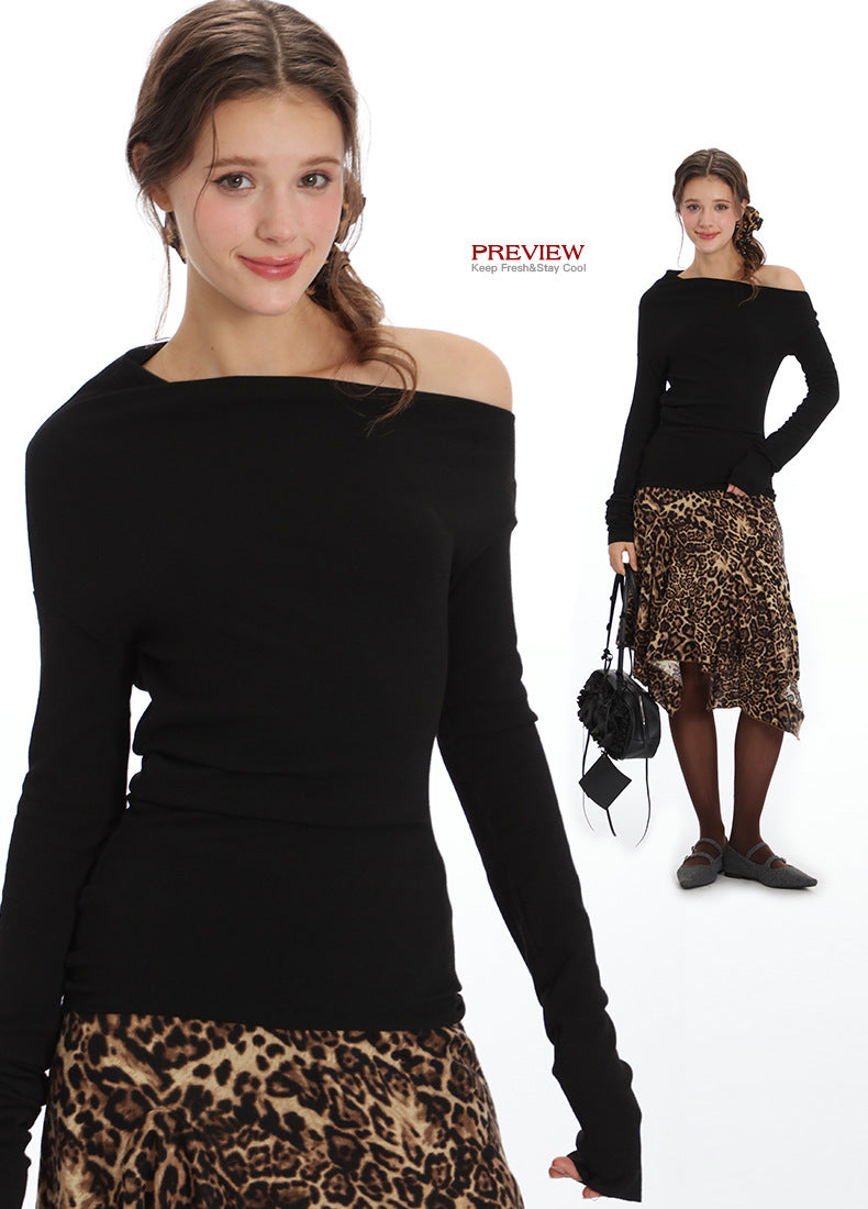Nariele Irregular Shoulder Long-sleeved Crop Top Slim Chic T-shirt