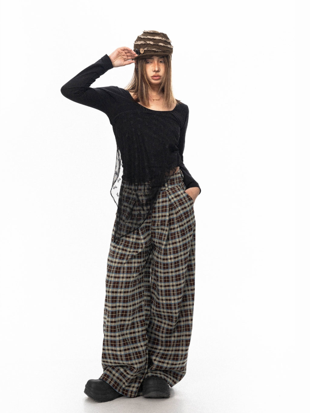 BLACKBB American Retro Checkered Loose Wide Leg Pants