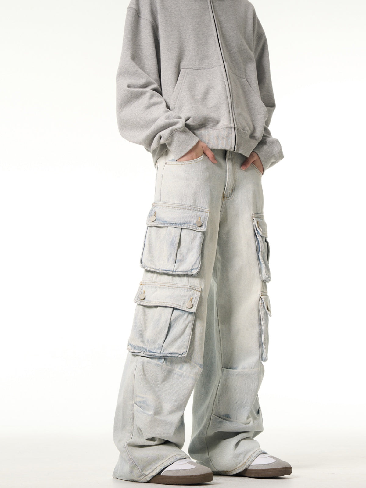 MADWITCH Washed Light Cargo Jeans Loose Multi-pocket Design Pants