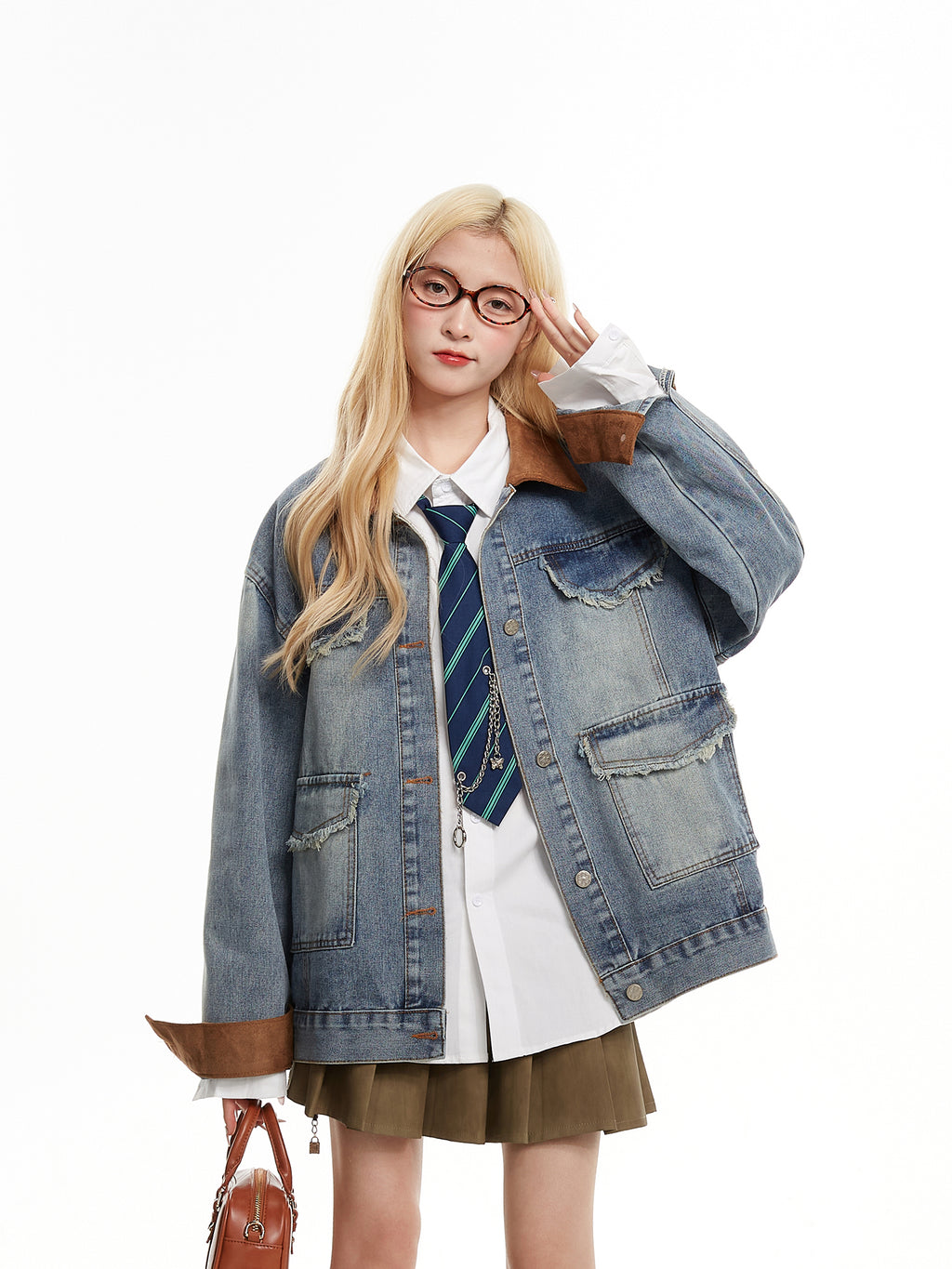 NERESUM denim jacket retro stitching design versatile student casual jackets