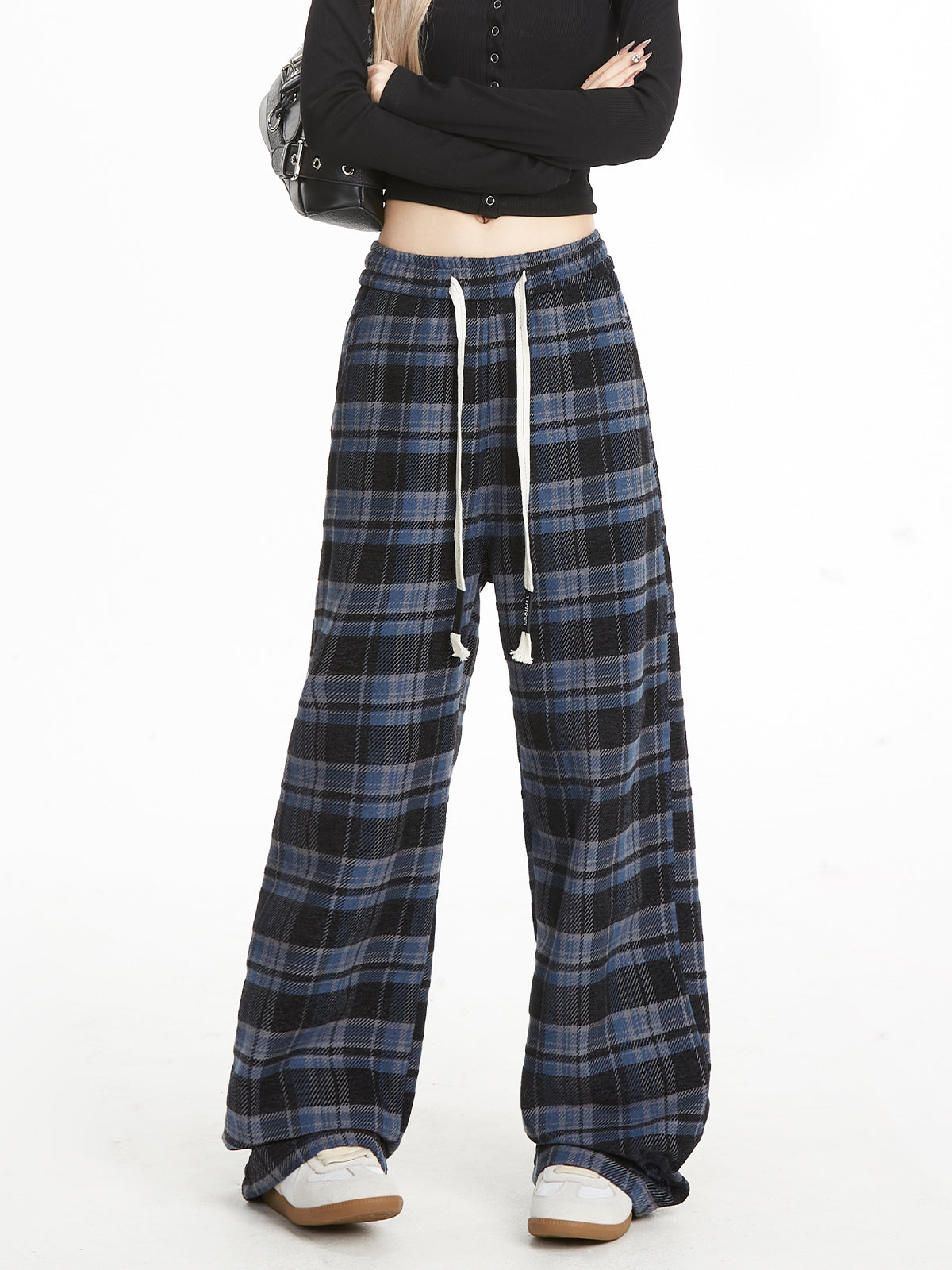 Neresum plaid pants retro drawstring trendy loose straight sweatpants