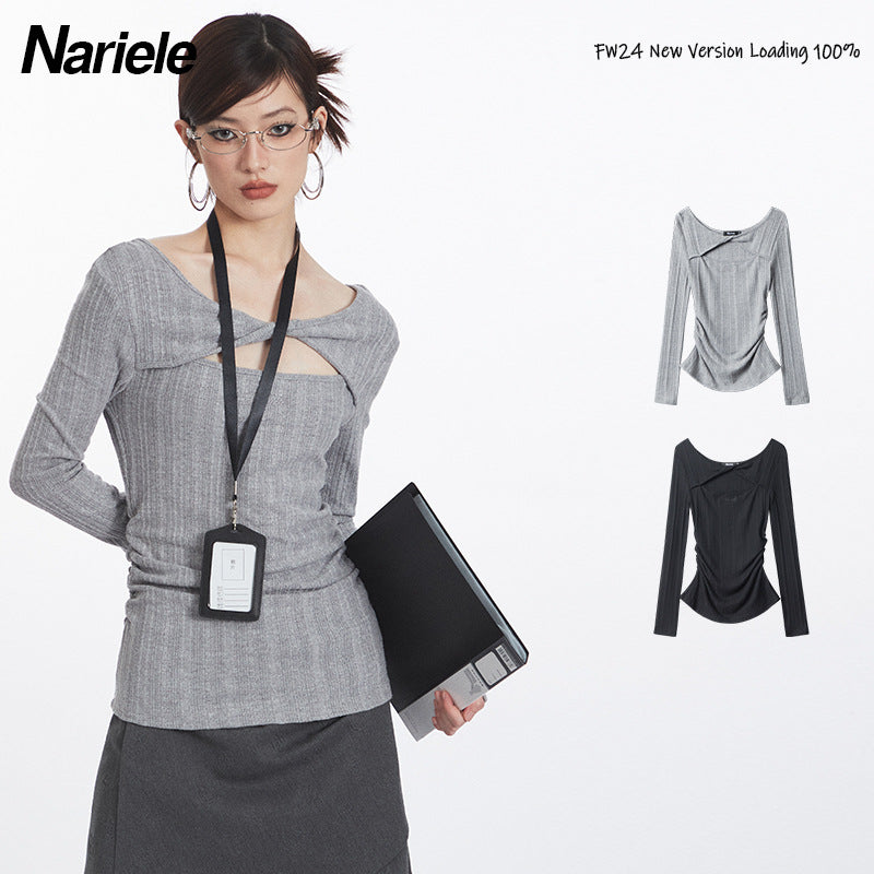 Nariele Cross Shoulder Hallow Long-sleeved Slim Fit Irregular Kint Sweater