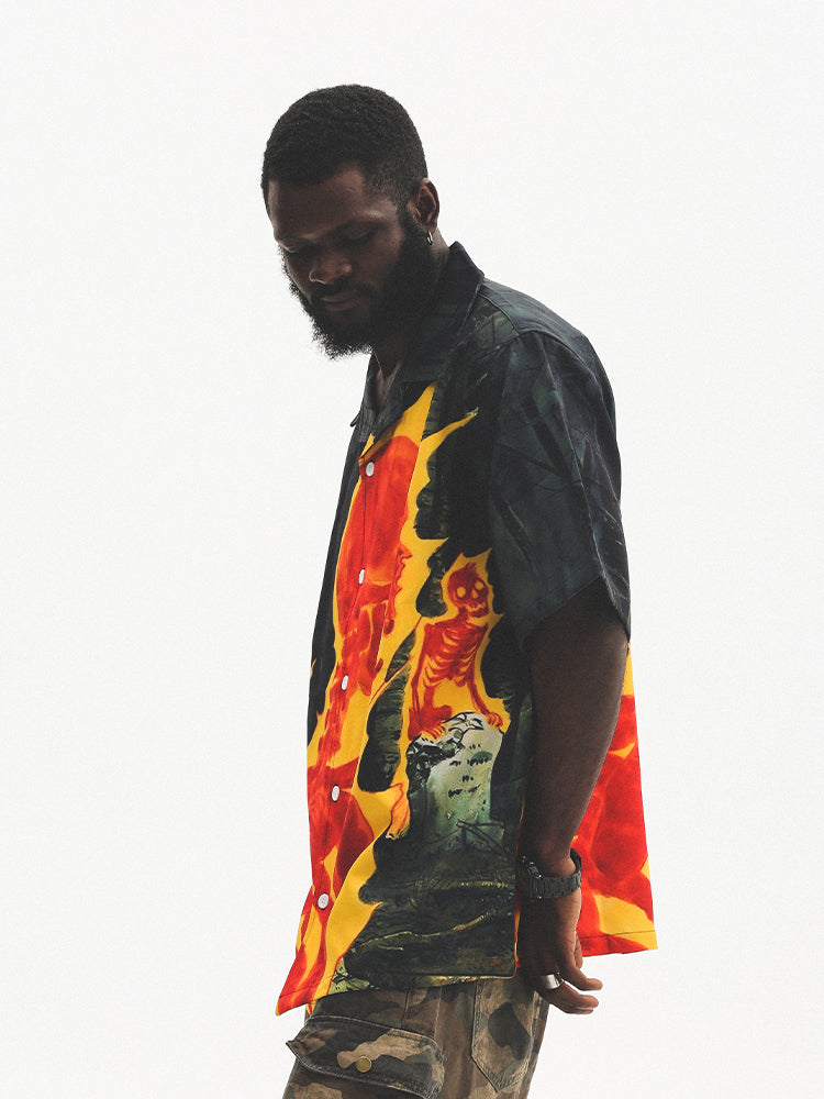 UNTILWERICH Cuban Collar Skull Shirt