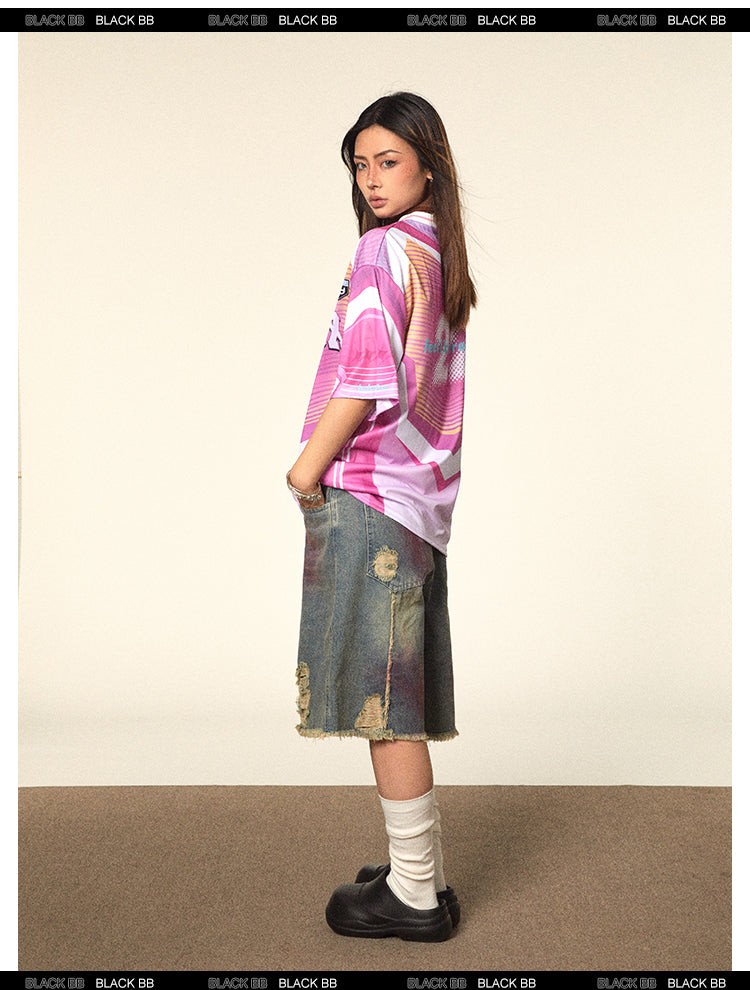 BLACKBB American Personality قميص رياضي وردي مطبوع برقبة على شكل حرف V