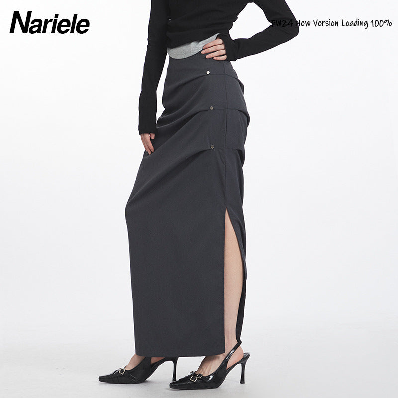 Nariele Retro Ruffle Design Side Slit Midi Long Skirt