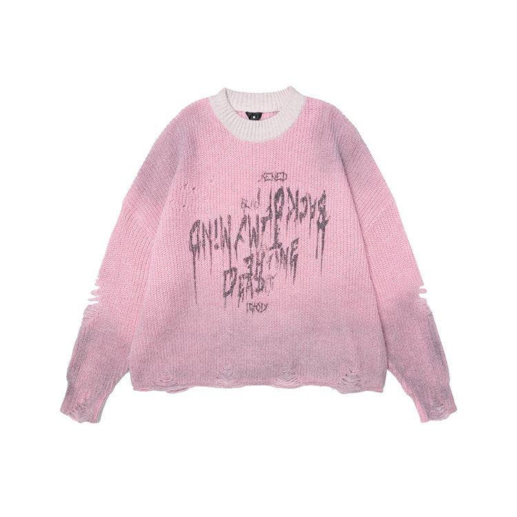 #OVDY street wear hollow ripped design round neck knitwear loose sweater