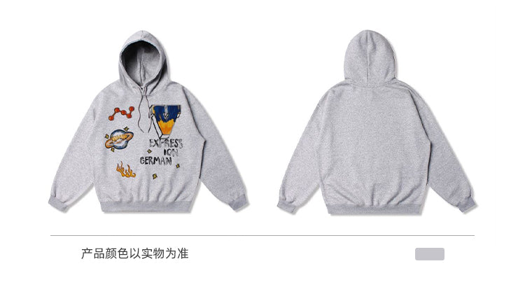 BLACKBB Loose Fleece Cartoon Print Hoodie