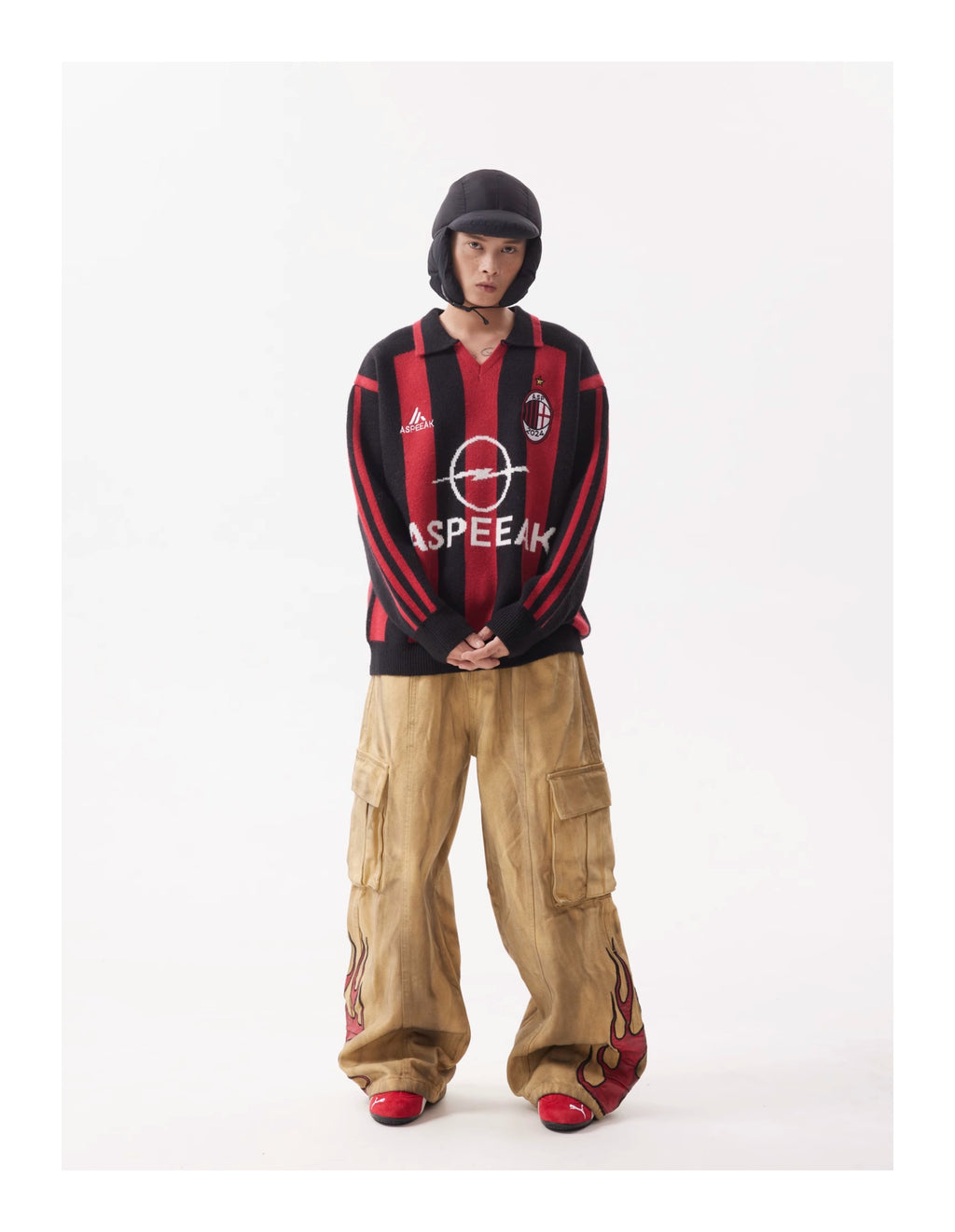 BTSG Leather Flame Embroidery wide-leg dirty jeans