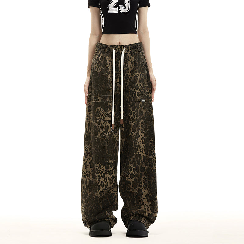 NERESUM leopard print retro cargo pants hip hop casual loose straight pants