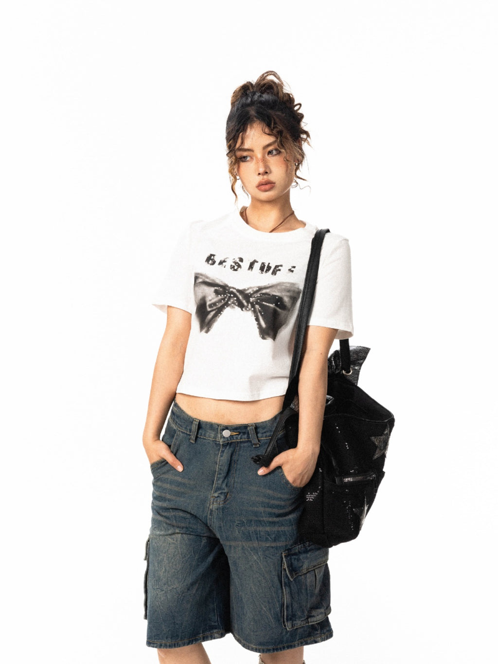 BLACKBB Hot Diamond Bow Print American Basic Retro Slim Fit Women Tee