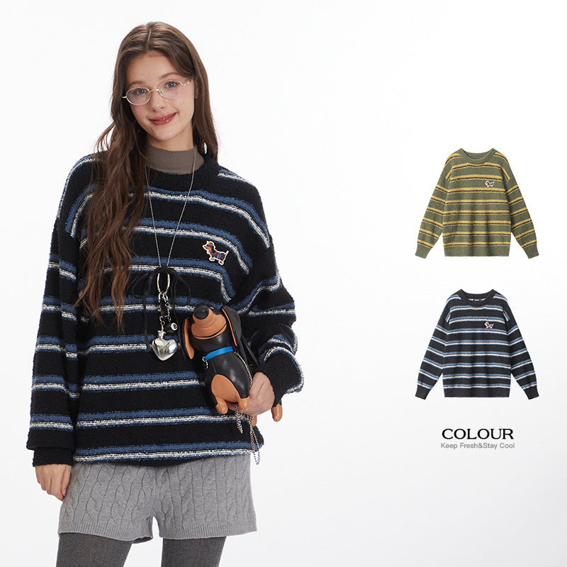 Nariele Retro Striped Crew Neck Sweater Loose Puppy Patchwork Knitwear