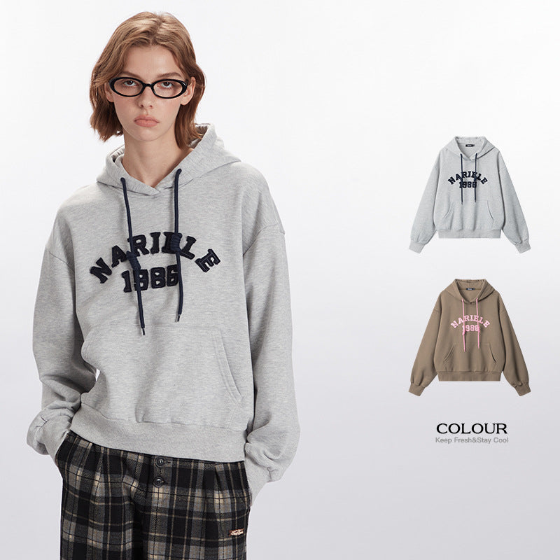 Nariele Retro Style Lettered Embroidered Hoodie Sweatshirt Loose New Casual Top