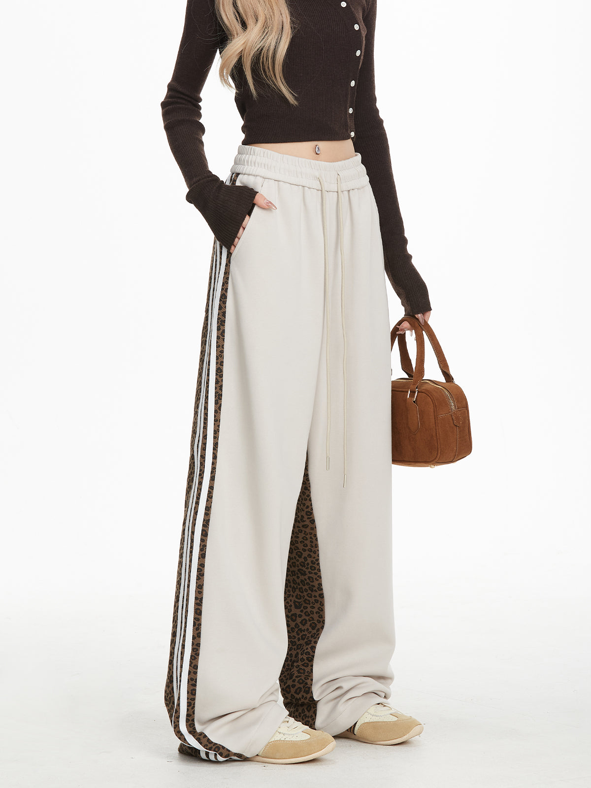NERESUM leopard print sweatpants American retro hip hop loose striped sports straight-leg Sweatpants