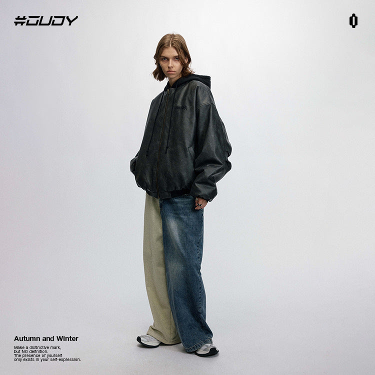 #OVDY Street Wear Retro Loose Thick Hood Zipper Leather Jacket