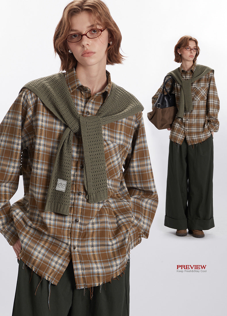 Nariele Plaid Shirt Long Sleeve Niche Design Unisex Shirt with Edges Loose Retro Top