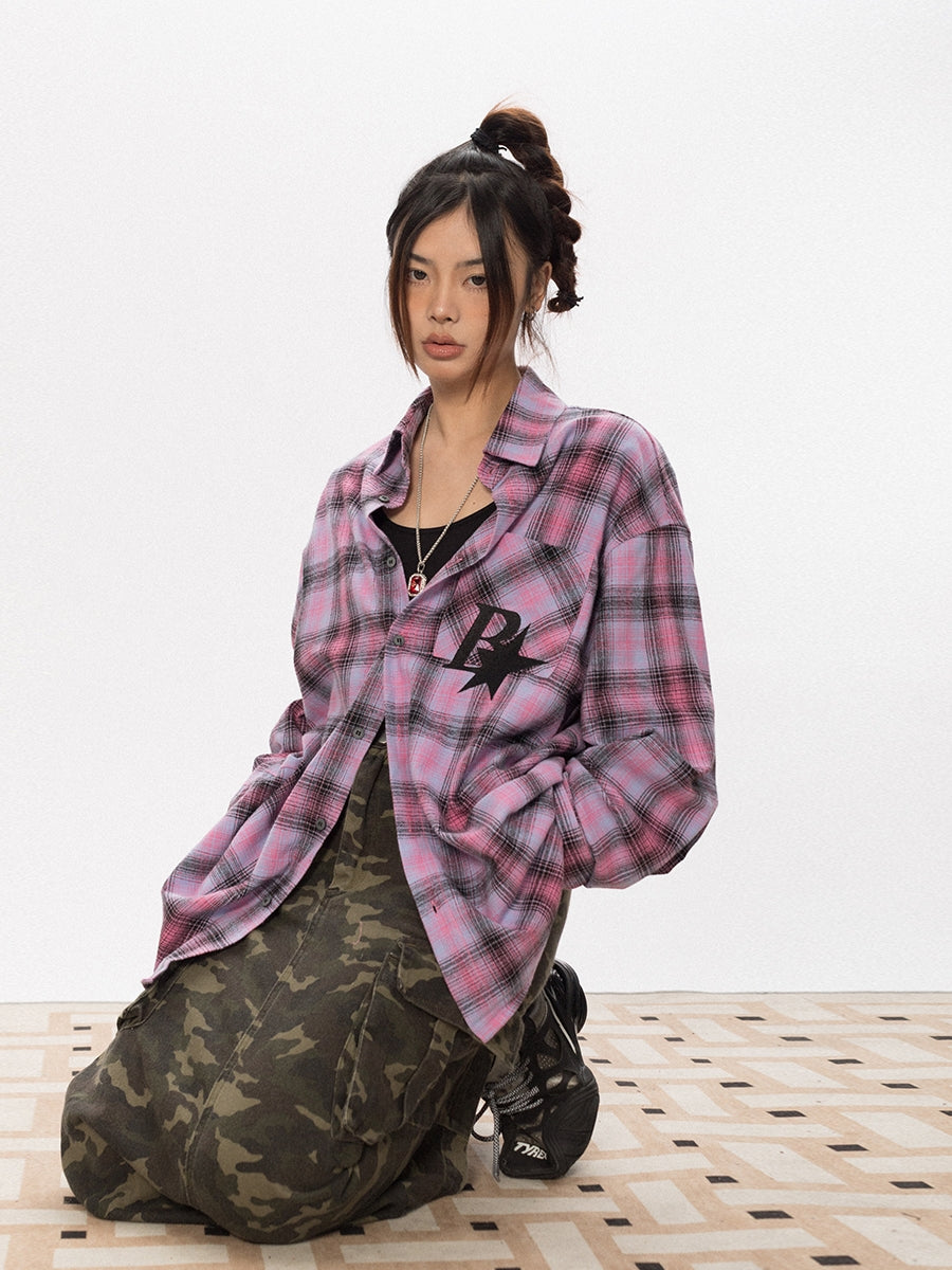 BLACKBB Vintage Plaid Flocked B Letter Print Shirt