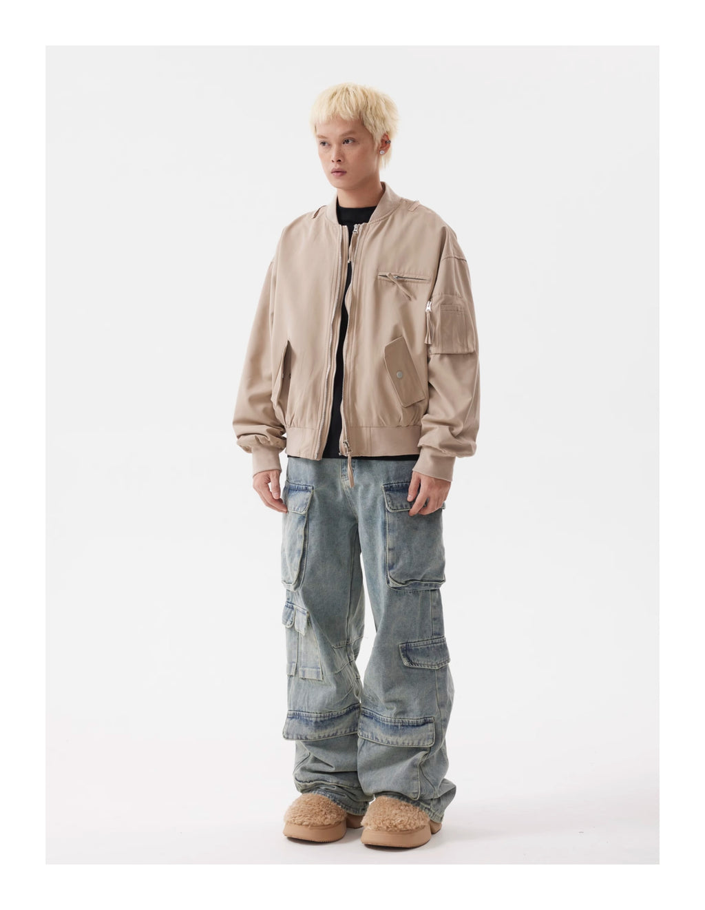 BTSG Heavy Duty Double Zipper Multi Pocket Cropped Bomber Jacket