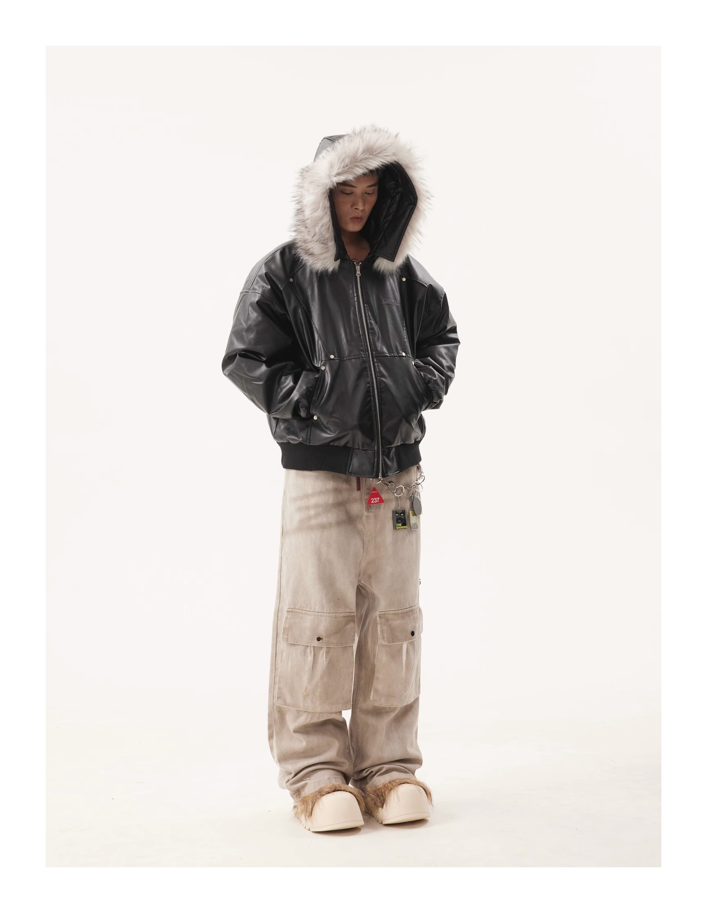 BTSG Detachable Fur Collar PU Leather Jacket
