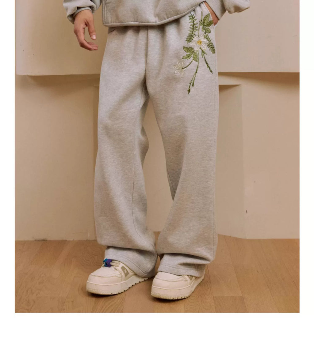Harshandcruel draped floral embroidered elastic wide-leg straight-leg casual sweatpants