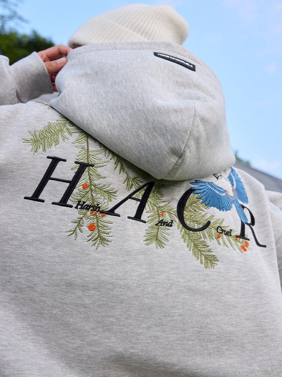 Harshandcruel Chinese Pine Needle Flying Bird Over-the-shoulder Embroidered HACR Hoodie