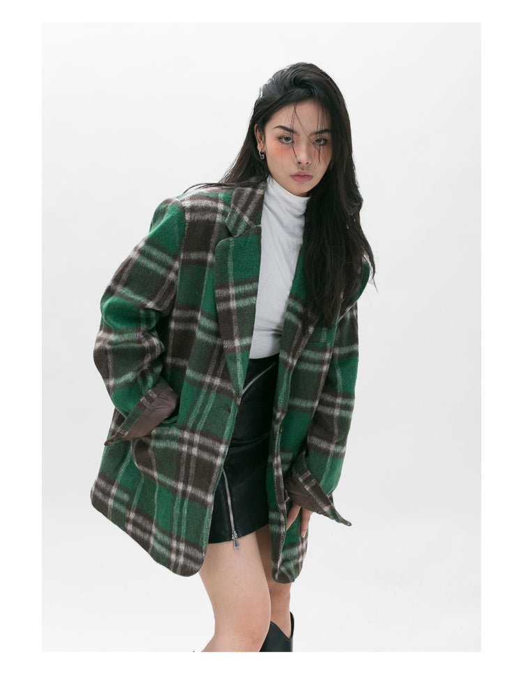 BLACKBB Loose Vintage Green Check Tweed Blazer Coat