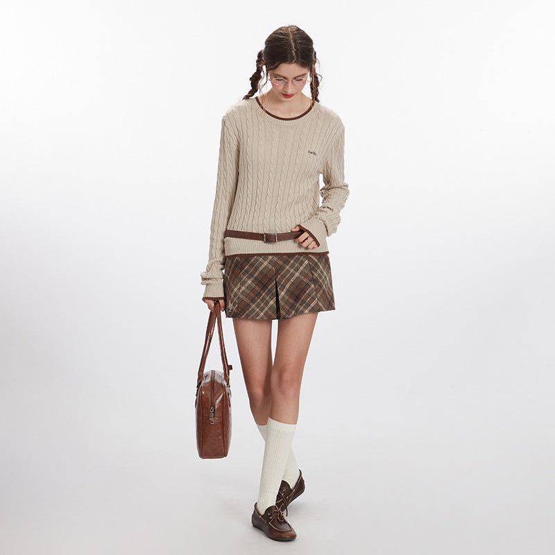 Nariele Embroidery Crew Neck Top Striped Long Sleeve Slim Knit Sweater