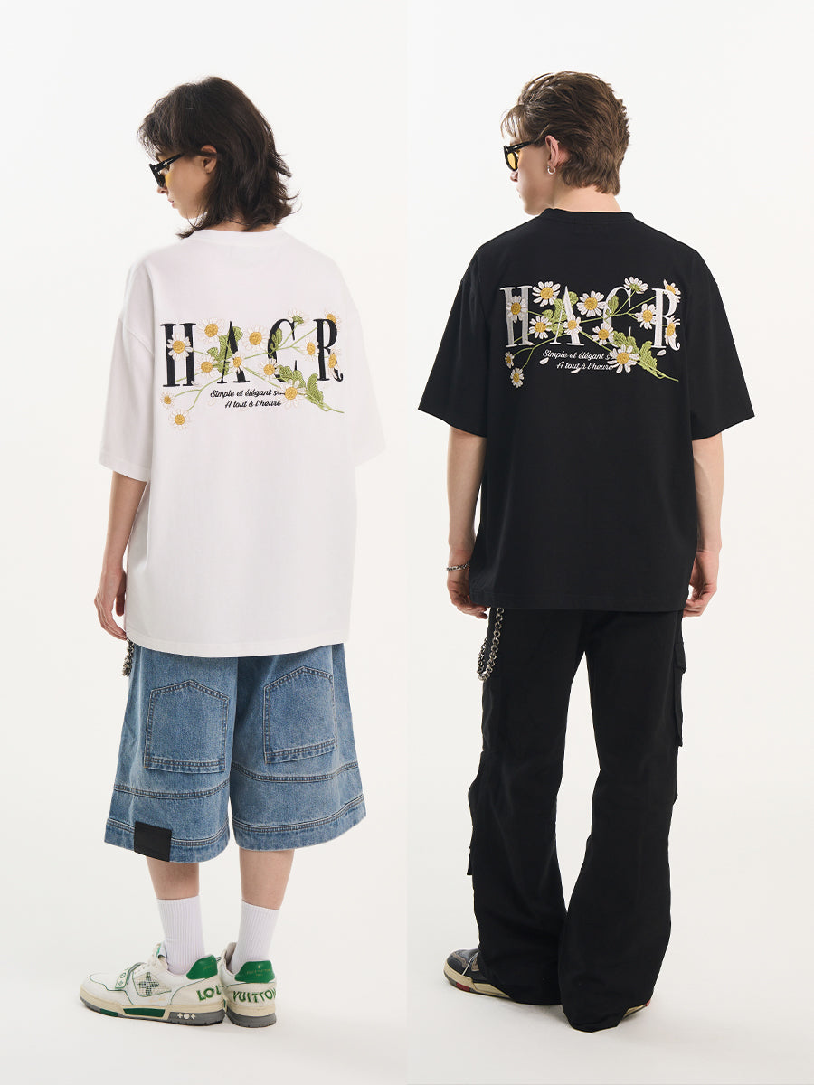 harshandcruel ] floral typography, heavy-duty embroidered tee