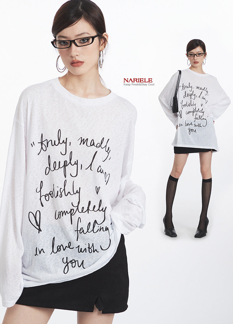 Nariele Oversize Letter Print Light Loose Long Sleeves T-Shirt