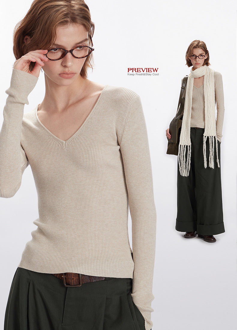 Nariele Slim Waist Long-sleeved Sweater V-Neck Knitwear