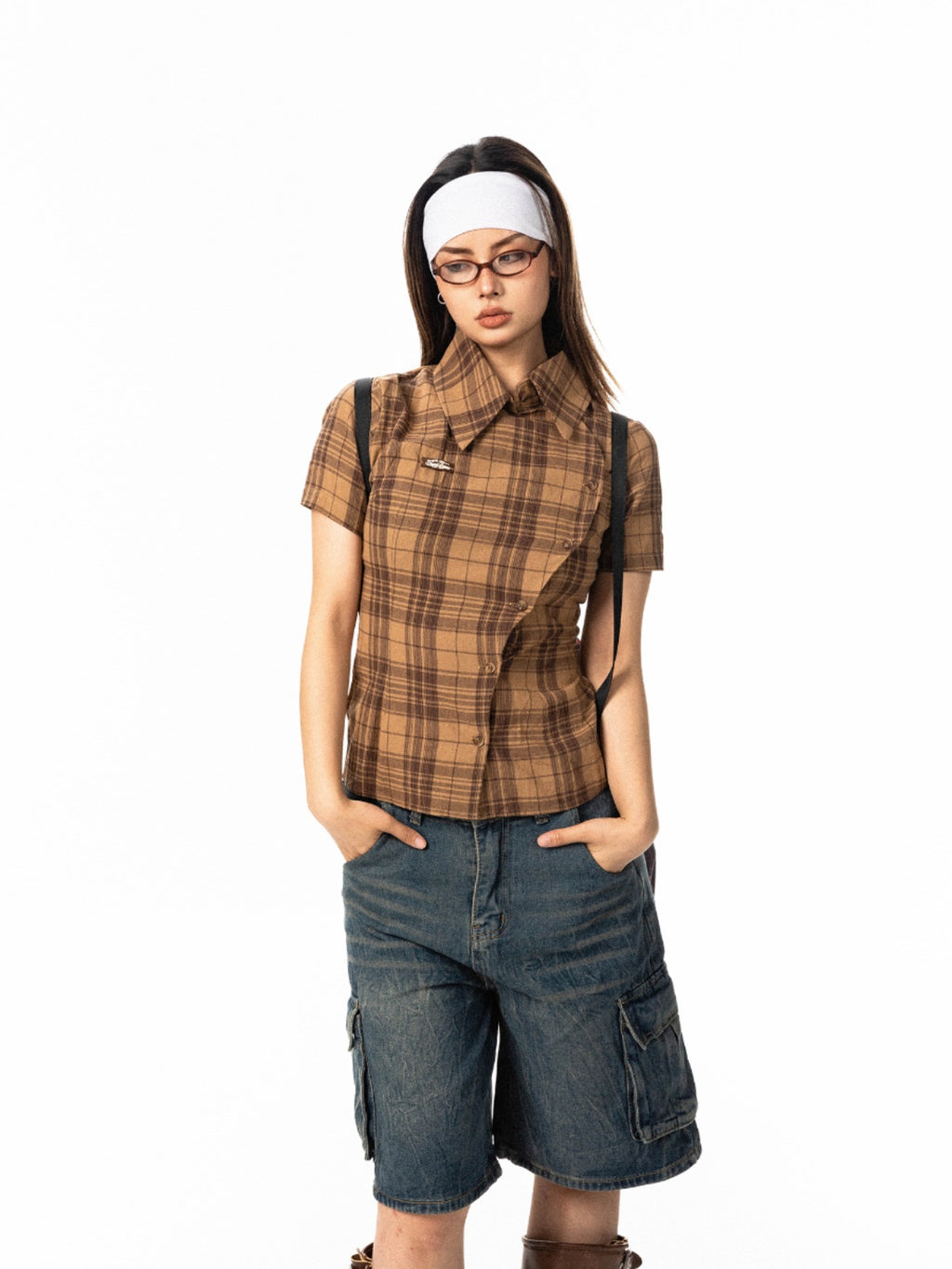 Pre-loved Diagonal Placket Check Skinny Shirt Slim Fit Tee