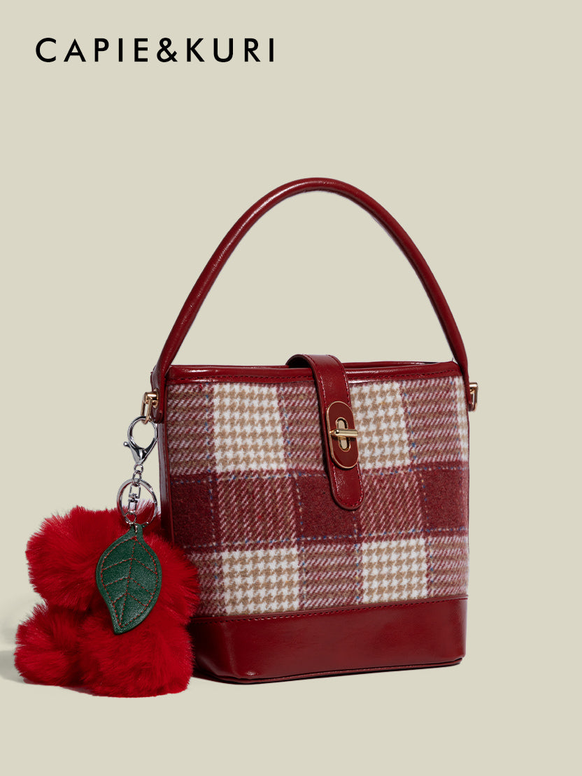 CAPIE &KURI Tweed Bucket Bag Red Plaid Luxury Purse Women's Shoulder Crossbody Bag