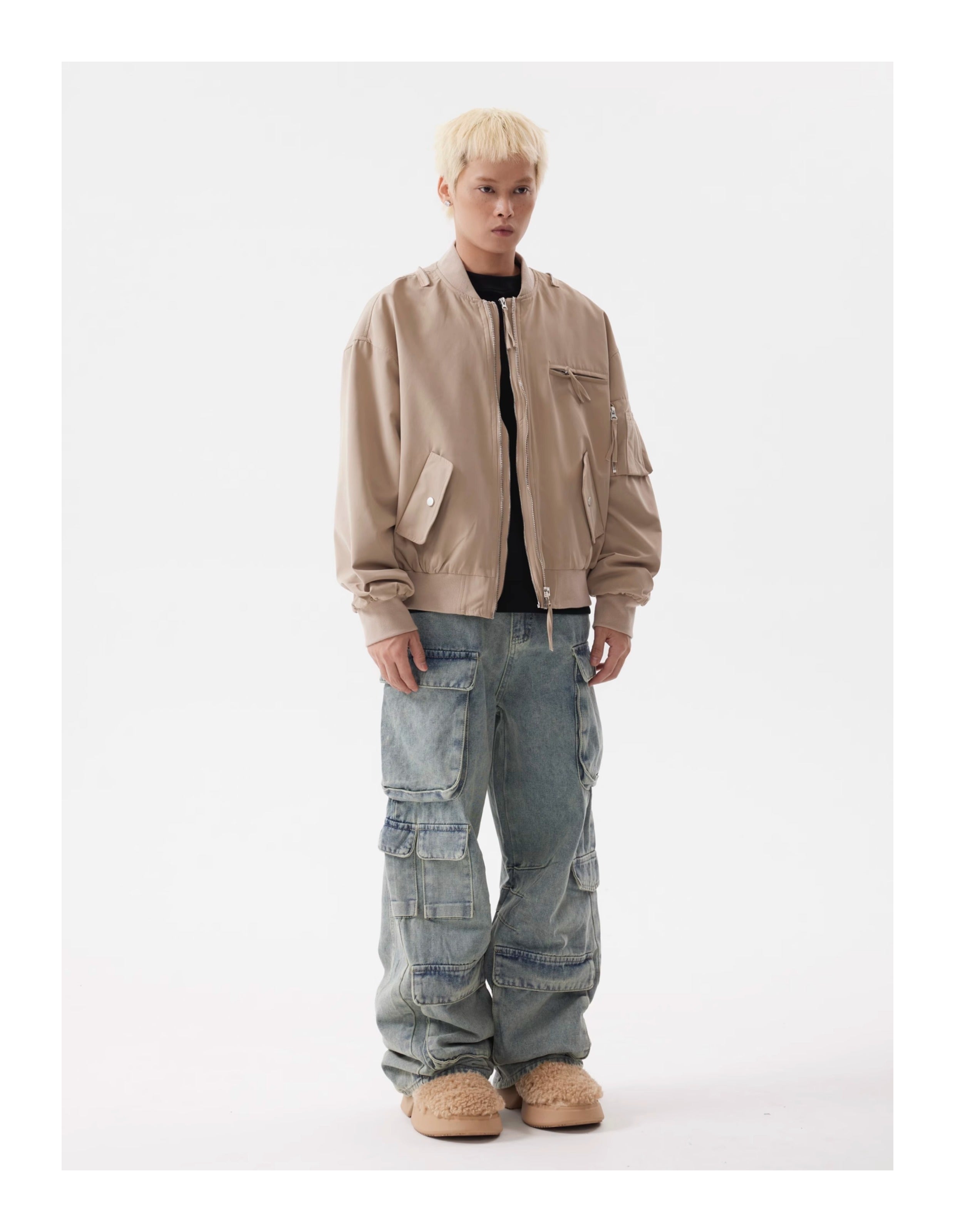 BTSG Heavy Duty Double Zipper Multi Pocket Cropped Bomber Jacket