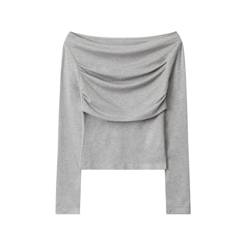Nariele Multi-pleated Straight Neck Off-shoulder Long Sleeve T-Shirt