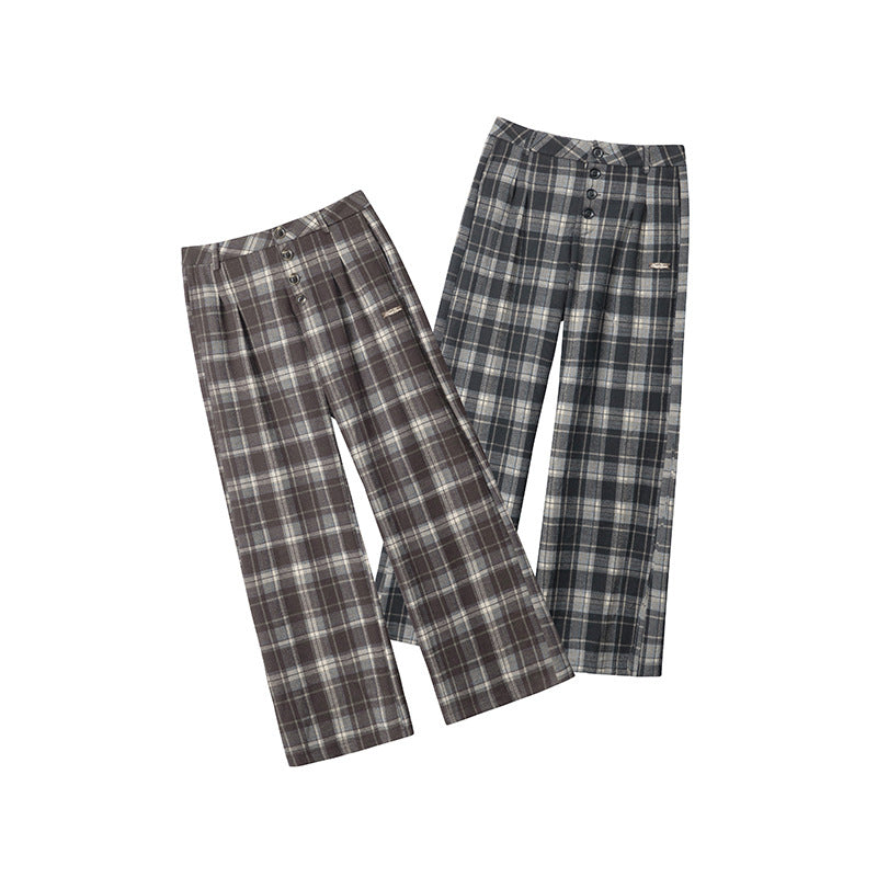 Nariele American Vintage Plaid Pants High Waist Wide Leg Straight Pants