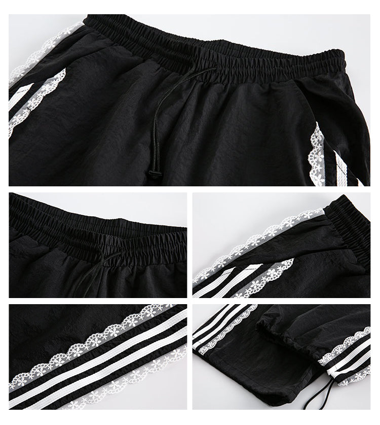 BLACKBB Lace Trim Striped Wide Legs Pants Design