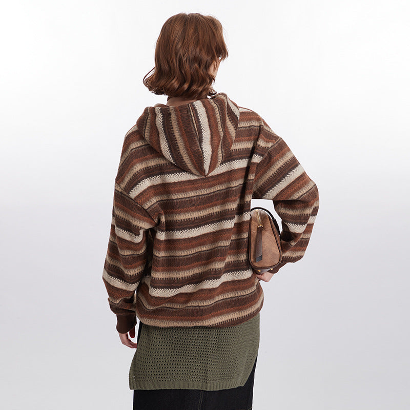 Nariele Retro Stripes Lazy Style Sweater Loose Long Sleeve Knitted Wear Zipper Cardigan