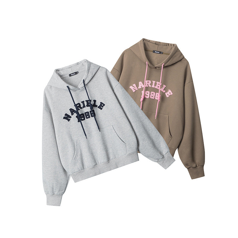 Nariele Retro Style Lettered Embroidered Hoodie Sweatshirt Loose New Casual Top
