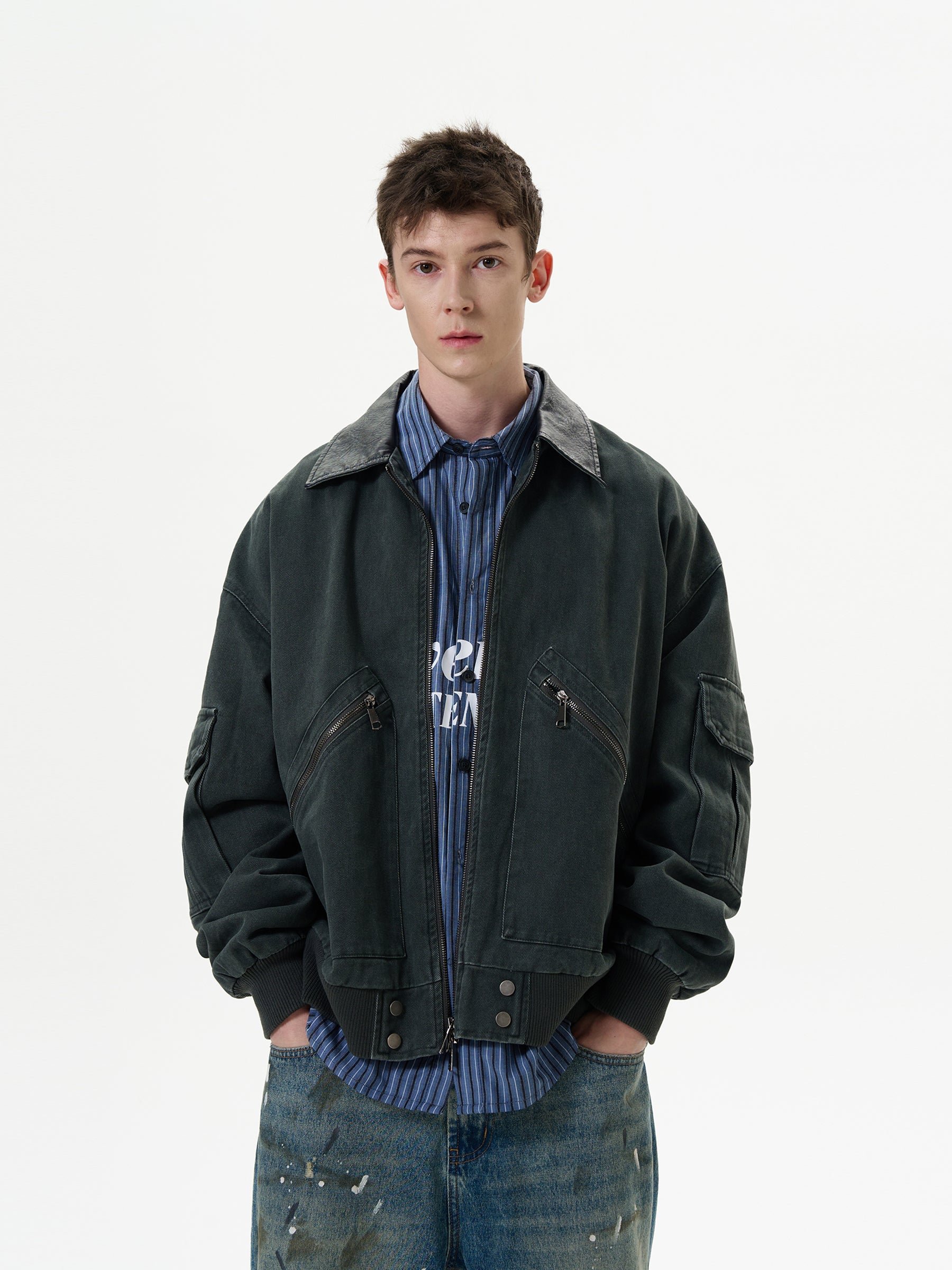 MADWITCH American Retro Street Vintage Cargo Loose Deconstructed Zipper Jacket