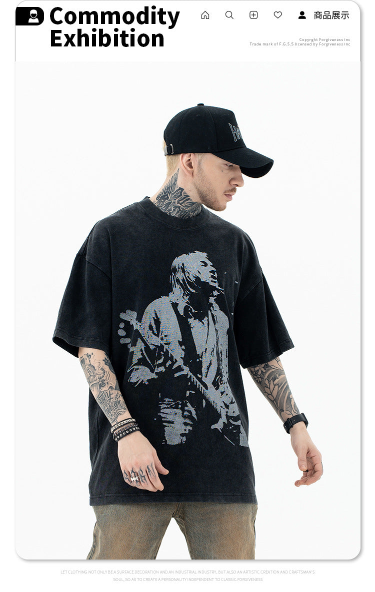 تي شيرت SUP أمريكي ثقيل الوزن ريترو روك جيتار مطبوع بأكمام قصيرة