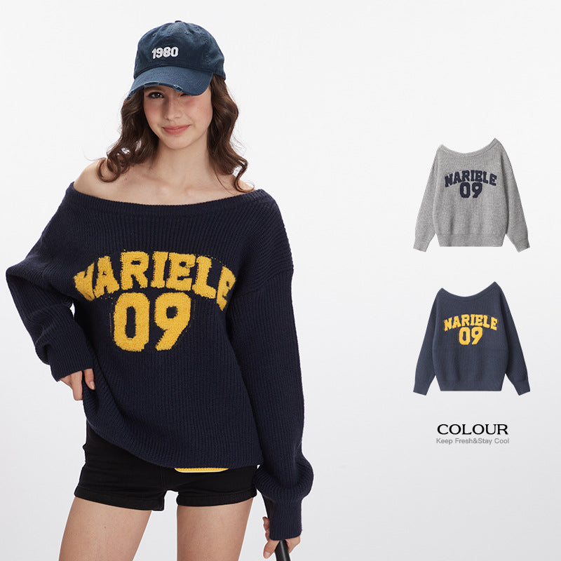 Nariele Letter  Loose Off-Shoulder Pullover Knit Vintage Casual Sweater