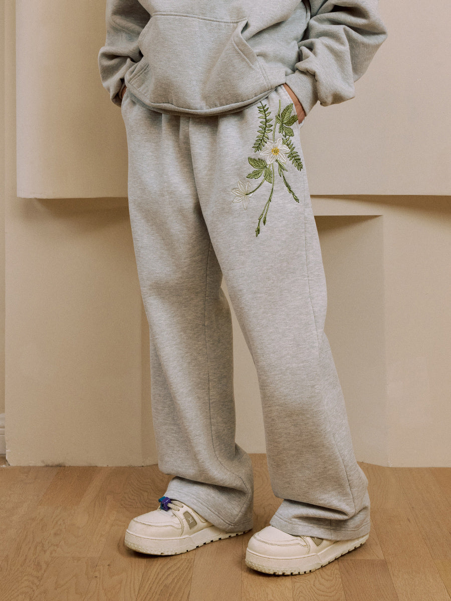 Harshandcruel draped floral embroidered elastic wide-leg straight-leg casual sweatpants